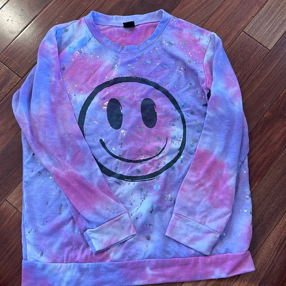 Pixie Lane dye long sleeve shirt with black smile face and iridescent splatter